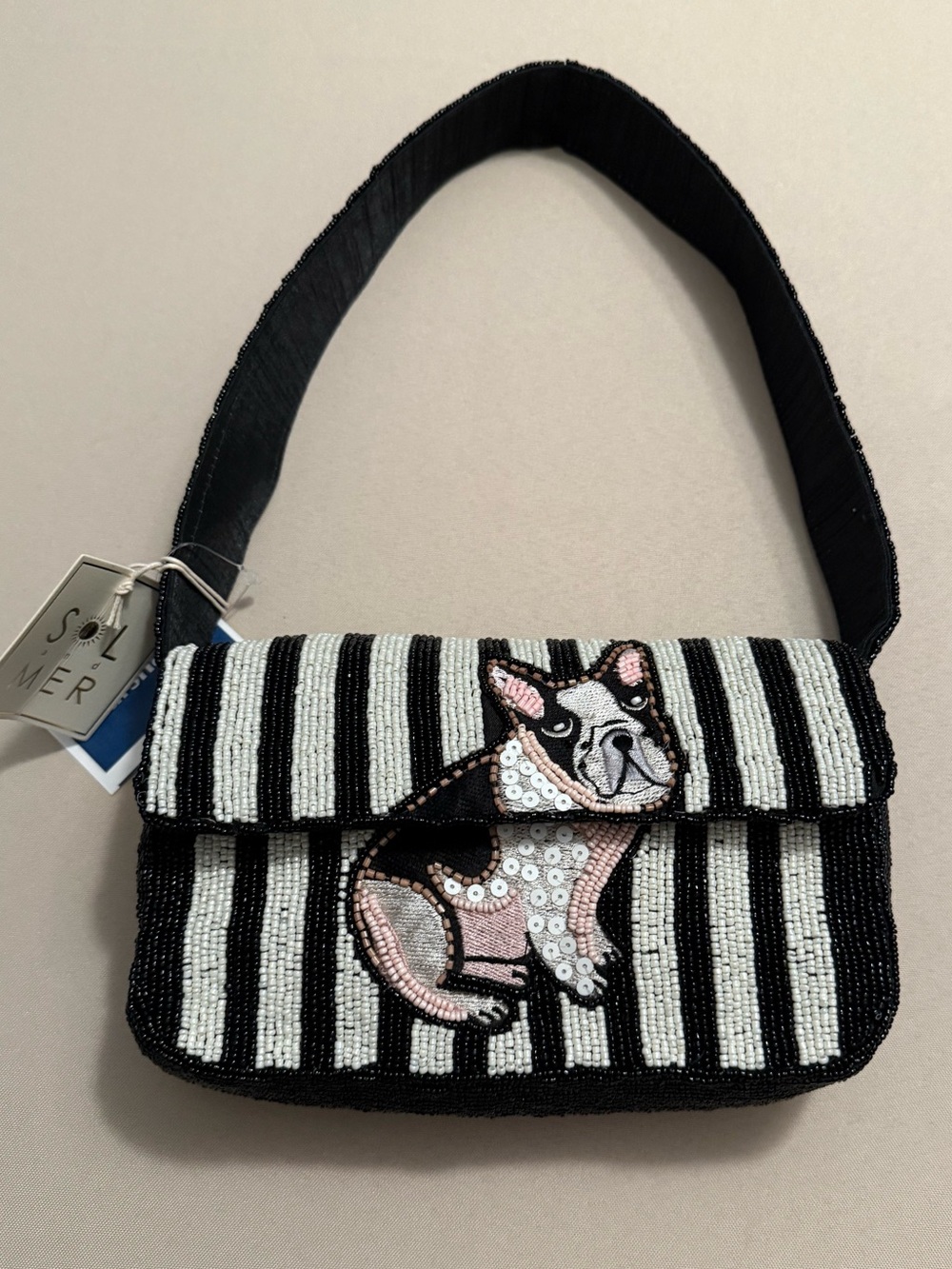 Sol and Mer Beaded Bag French Bulldog with Black and White Stripes